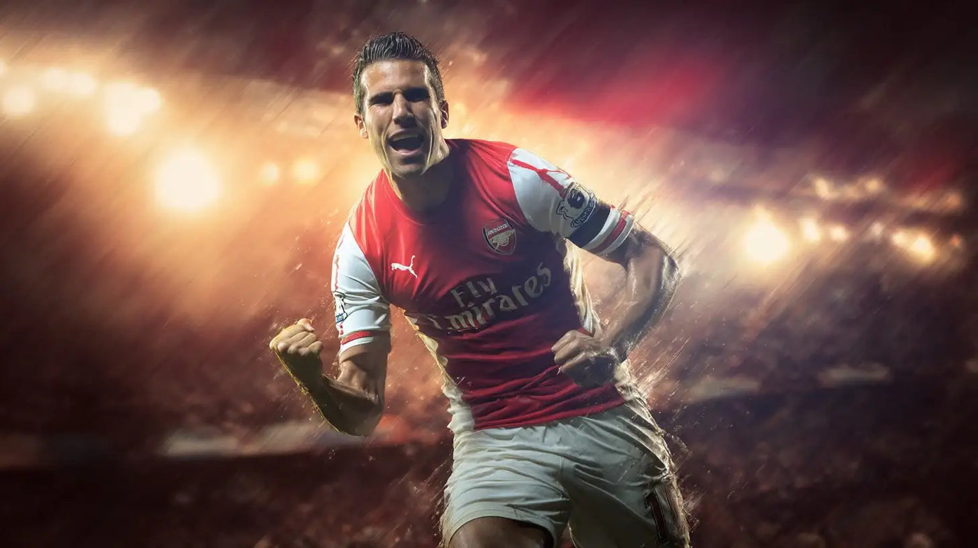 Robin van Persie celebrates with clenched fists in a red and white Arsenal home football shirt, shouting with emotion as bright stadium lights shine through the rainy night behind him.
