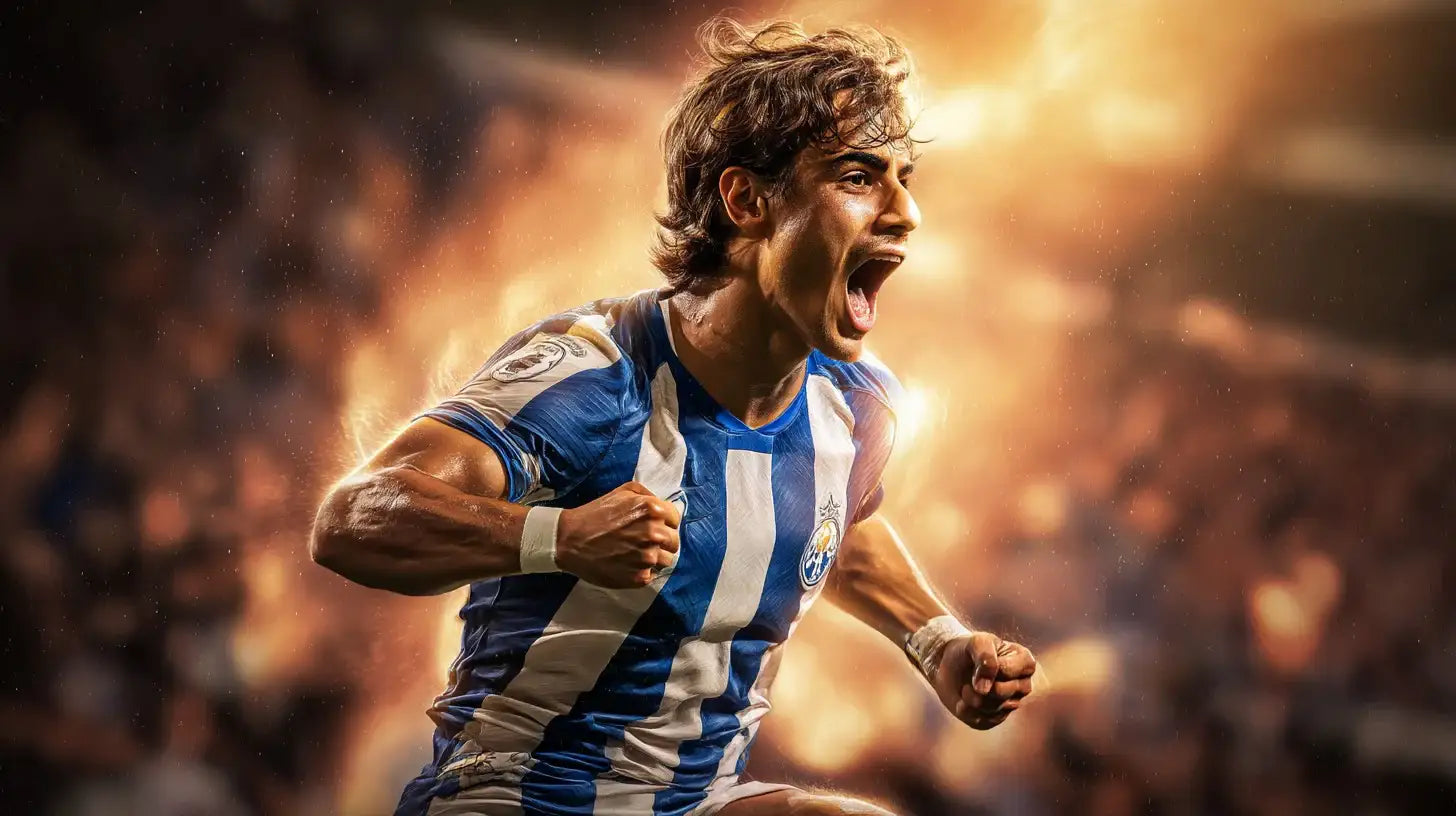Rodrigo Mora in Porto blue and white striped football shirt, celebrating with clenched fists and open mouth in front of a crowded stand.