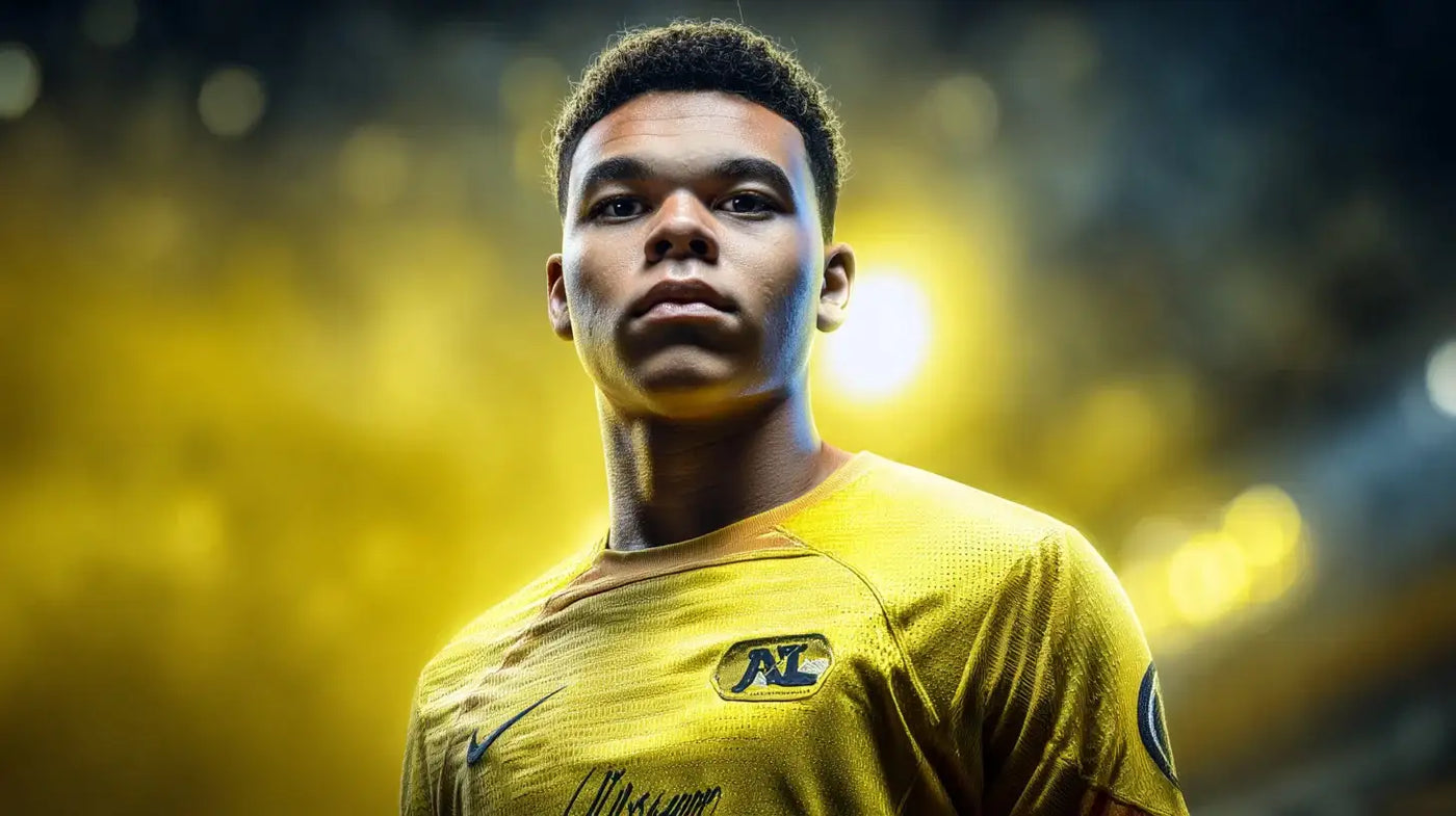 Rome Jayden Owusu Oduru wears a bright yellow AZ Alkmaar football shirt, standing confidently in front of a glowing yellow and dark stadium background.
