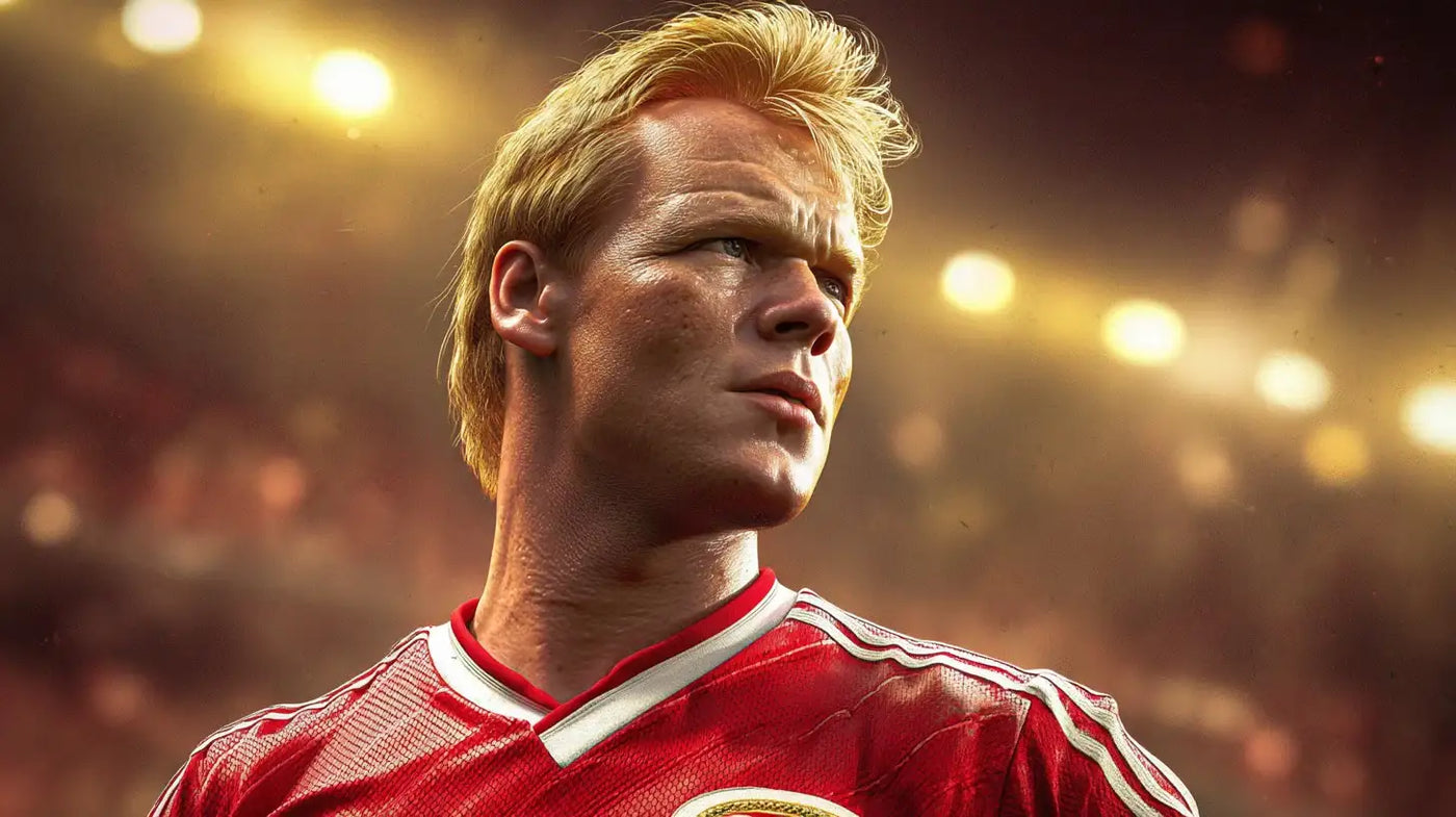 Ronald Koeman looks to the side in a red PSV Eindhoven football shirt with white collar and striped sleeves in a lit stadium.