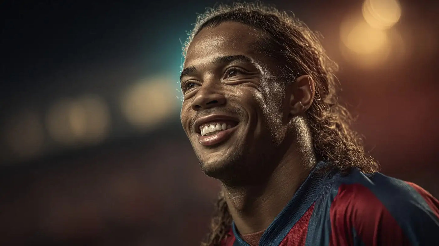 Ronaldinho smiles broadly in a Barcelona blue and red striped football shirt, with warm stadium lights and a dark night sky softly blurred in the background.