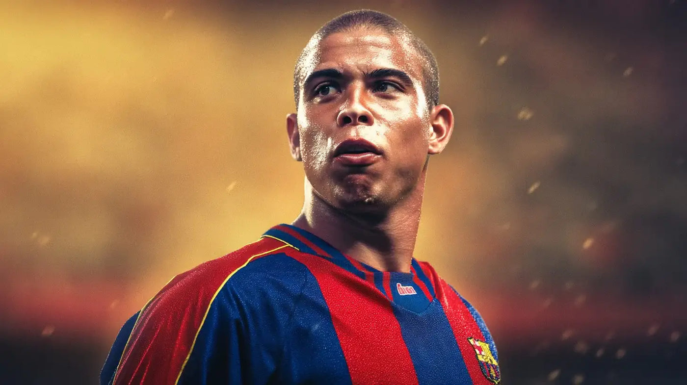 Ronaldo Nazário wears a blue and red striped Barcelona home football shirt, gazing to the side against warm stadium lights.