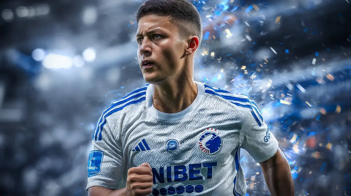 Roony Bardghji runs forward in a white FC København football shirt with blue stripes, surrounded by confetti and stadium lights.