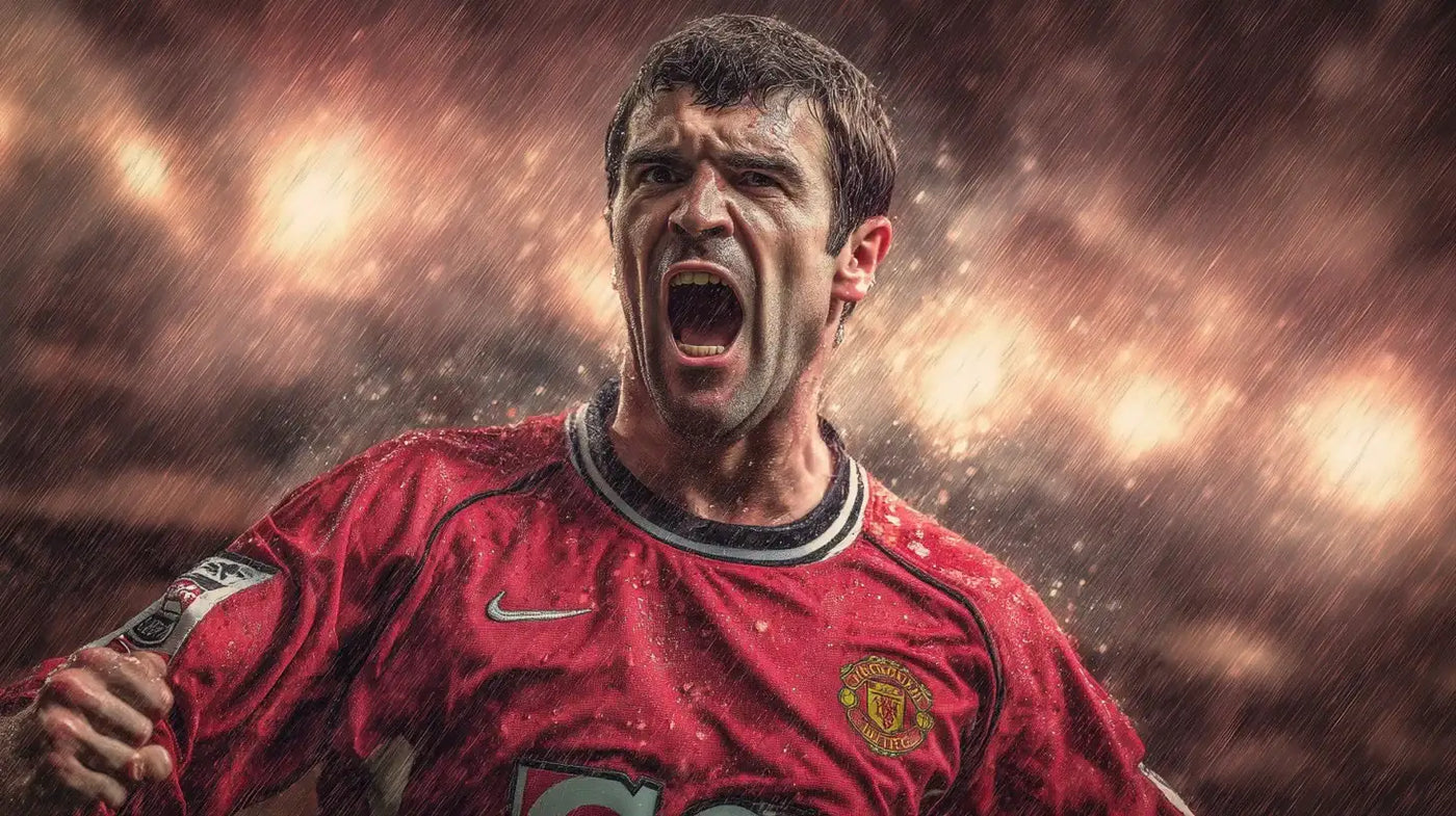 Roy Keane shouting in the rain in a red Manchester United kit, captured mid-celebration under bright floodlights.