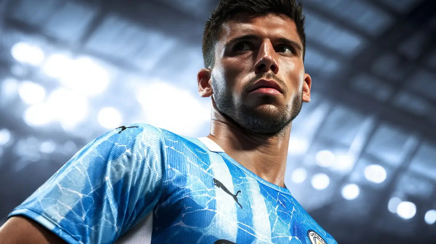 Ruben Dias stares ahead in a blue patterned Manchester City home football shirt with bright floodlights behind him.