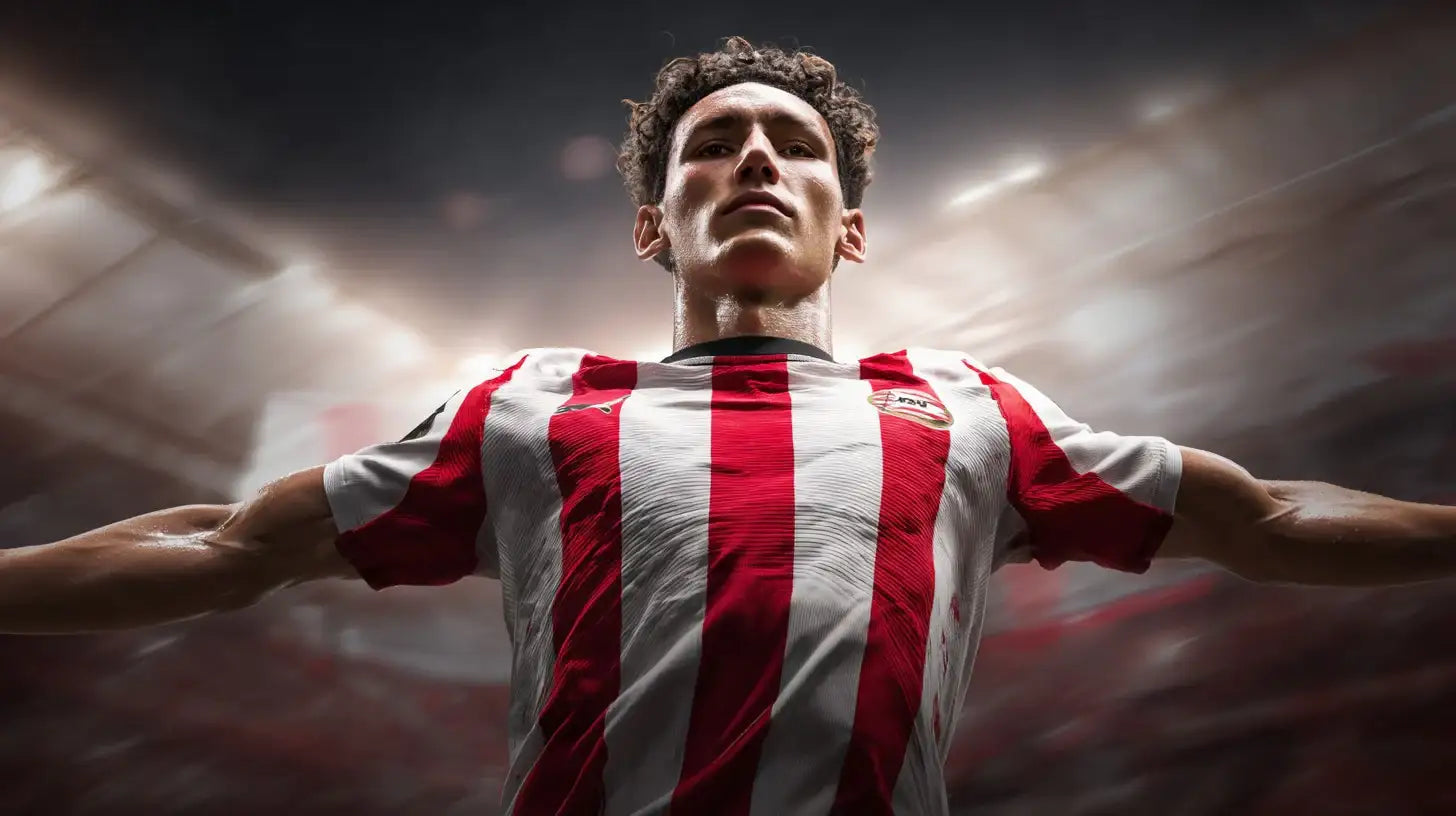 Ruben van Bommel spreads his arms in a red and white striped PSV Eindhoven home football shirt under bright stadium lights.