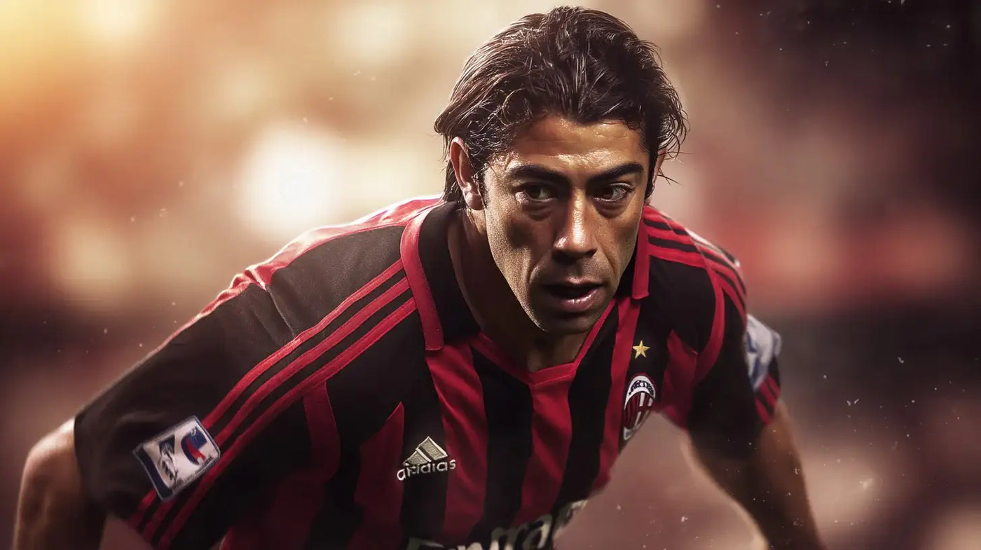 Rui Costa in motion wearing an AC Milan red and black striped football shirt with red sleeve stripes, captured under bright stadium lights.