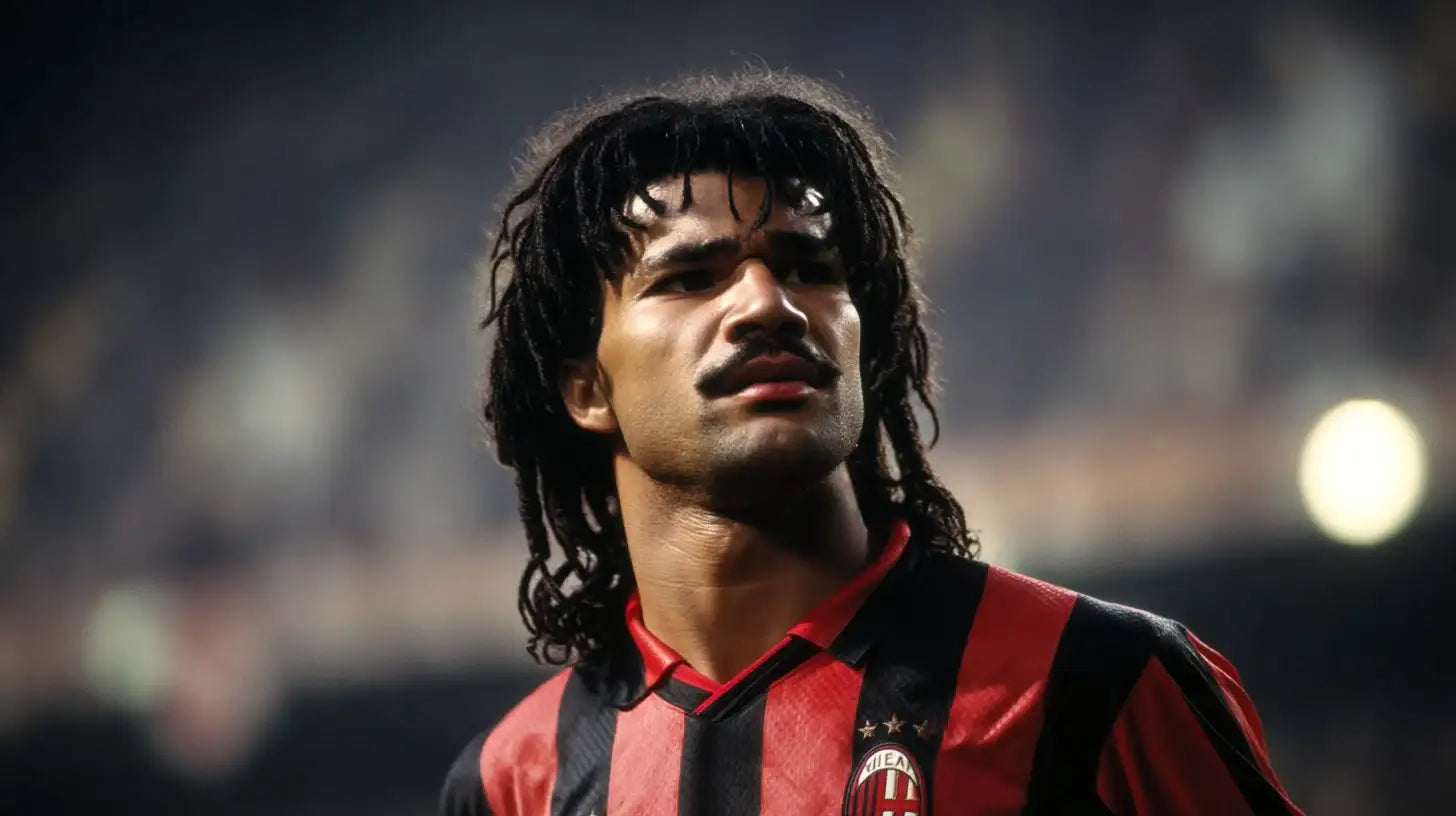 Ruud Gullit with rasta hair gazes forward in a red and black AC Milan football shirt in a packed stadium.