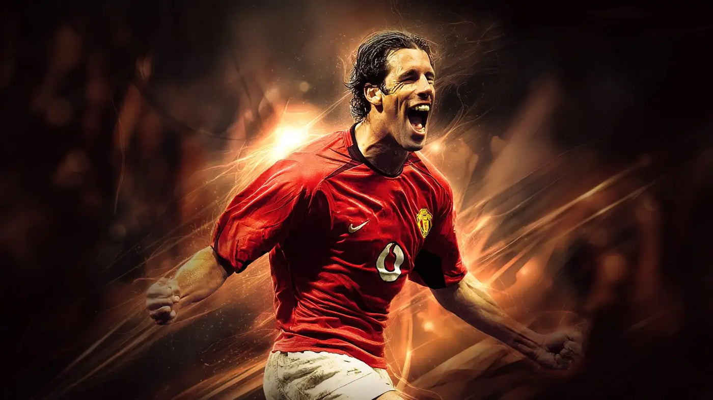 Ruud van Nistelrooy celebrates with clenched fists in a red Manchester United home football shirt against a fiery background.