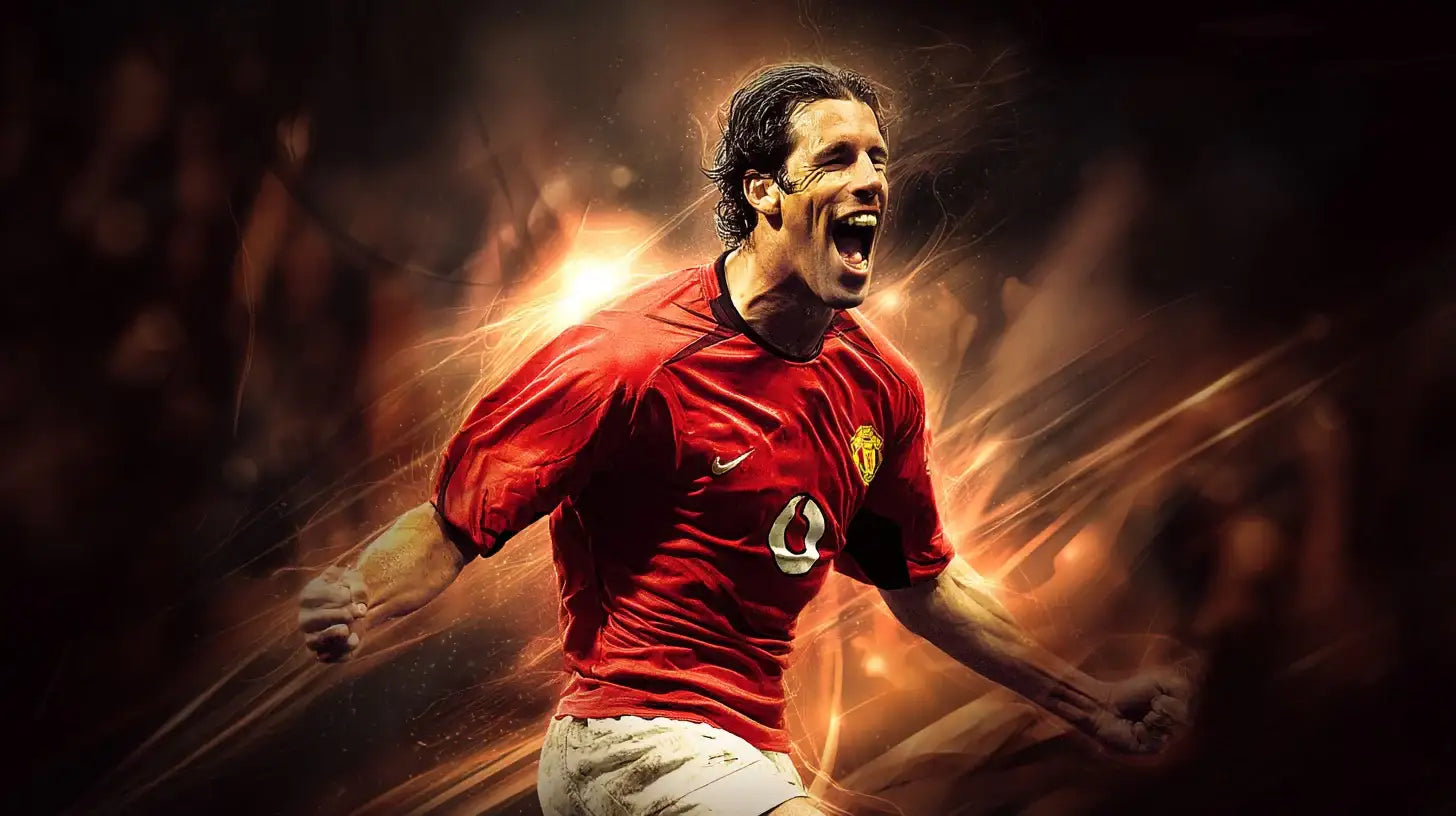 Ruud van Nistelrooy celebrates with clenched fists in a red Manchester United home football shirt against a fiery background.