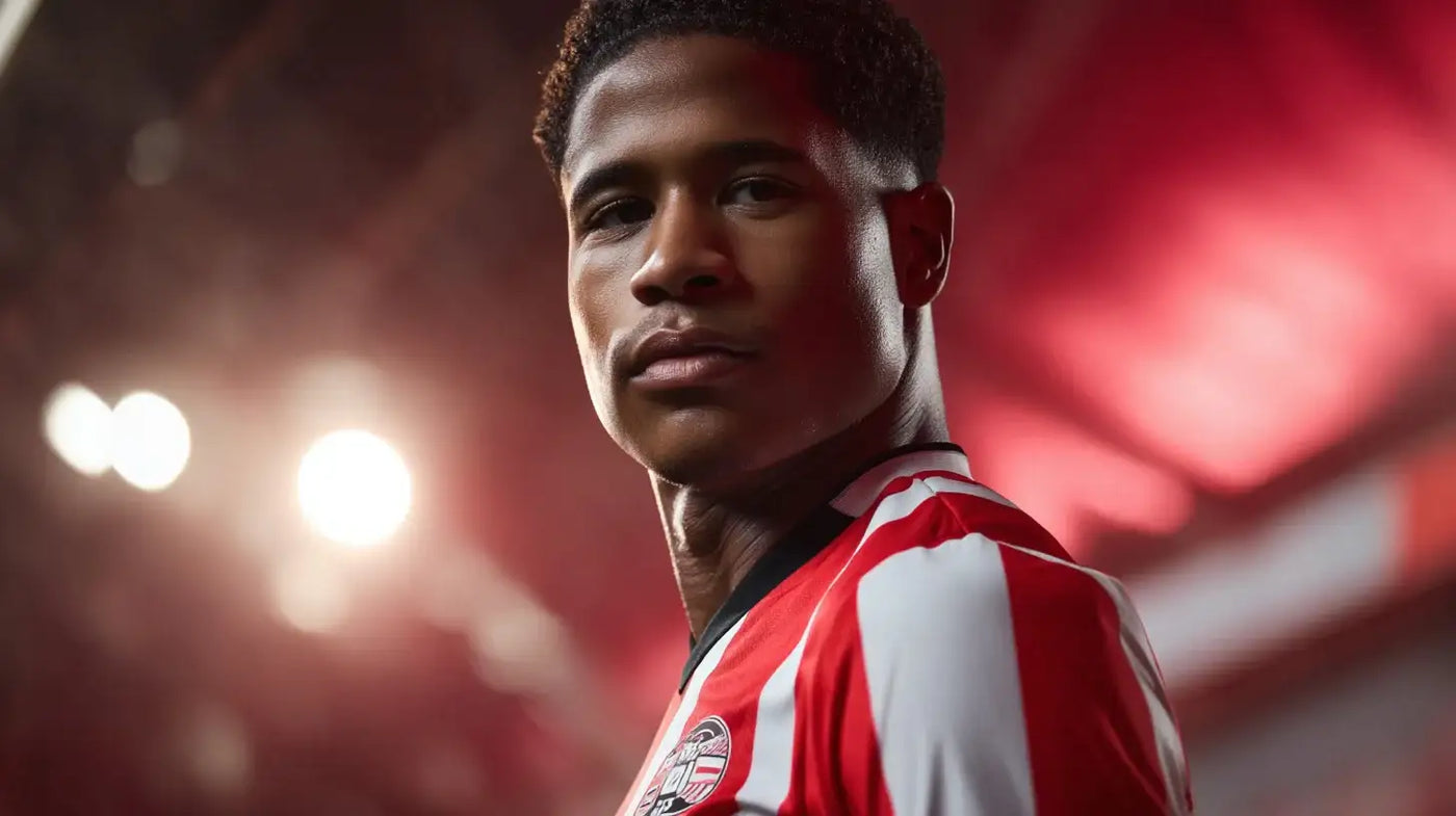 Ryan Flamingo glances over his shoulder in a red and white striped PSV Eindhoven home football shirt under red lights.