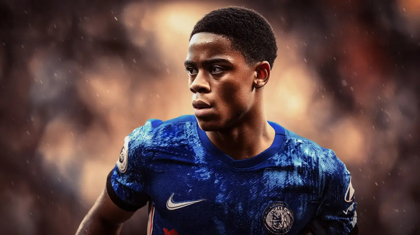 Ryan Kavuma McQueen in a vivid blue Chelsea football shirt with a textured pattern, looking focused as rain falls against a blurred warm-toned stadium background.
