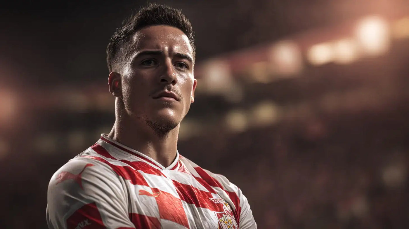 Said El Mala posing with arms crossed in a red and white FC Koln football shirt, stadium lights out of focus behind him.