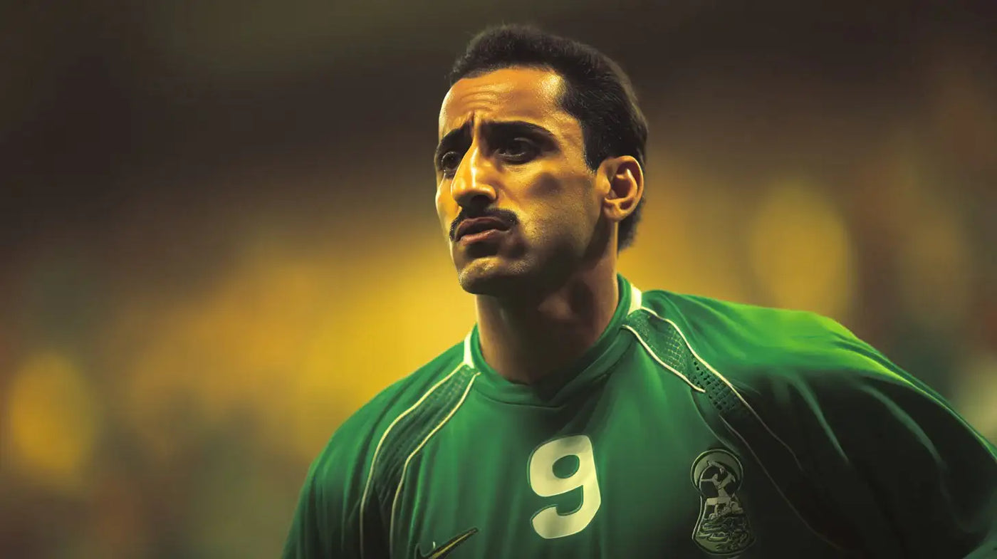 Sami Al-Jaber in Al Hilal green number 9 football shirt with white trim and club crest, lit by yellow stadium lights.