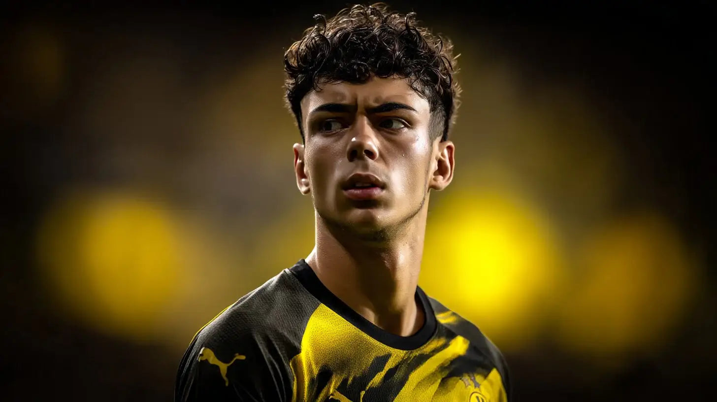 Samuele Inacio in Borussia Dortmund yellow and black shirt, close-up portrait looking left in stadium lights.