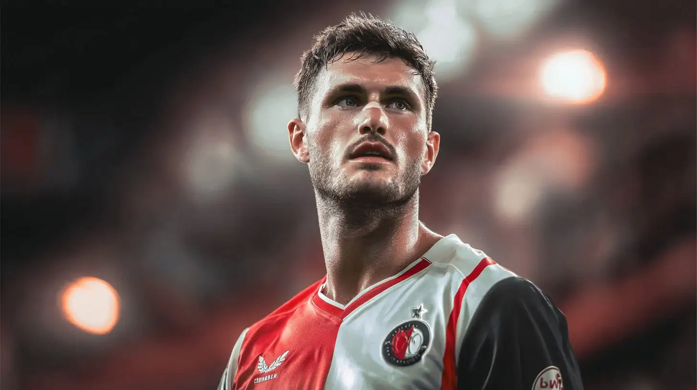 Santiago Gimenez looks up in a red and white Feyenoord home football shirt under bright stadium lights.