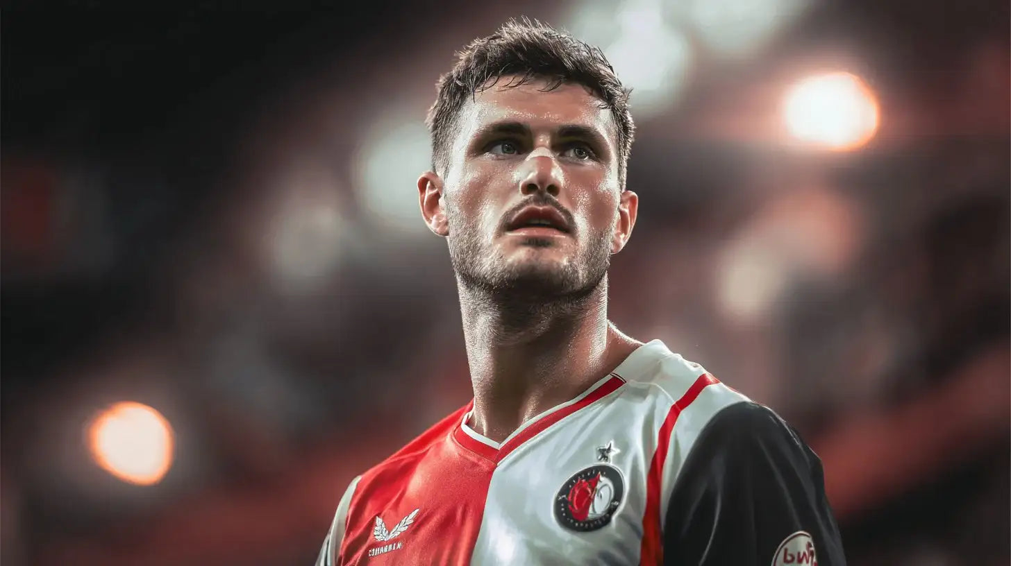 Santiago Gimenez looks up in a red and white Feyenoord home football shirt under bright stadium lights.
