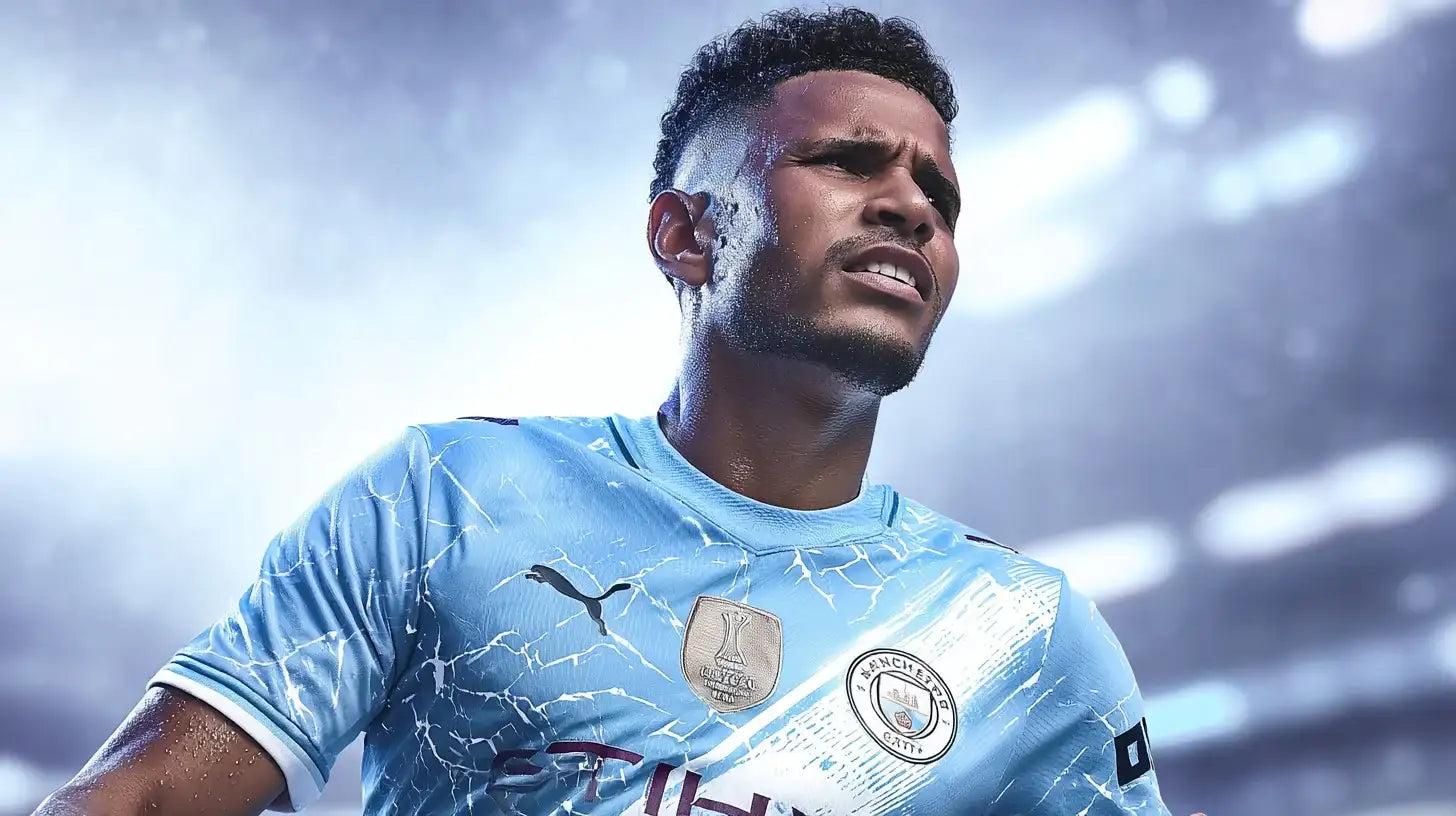 Savinho looks determined in a light blue patterned Manchester City home football shirt under bright stadium lights.