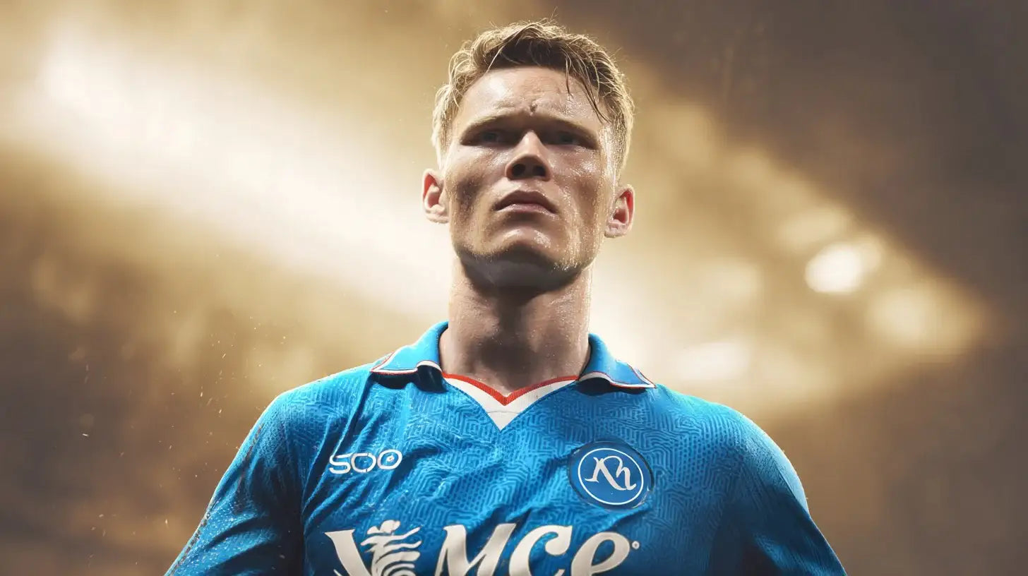 Scott McTominay in a bright blue Napoli football shirt, standing confidently under golden stadium light with a focused expression.