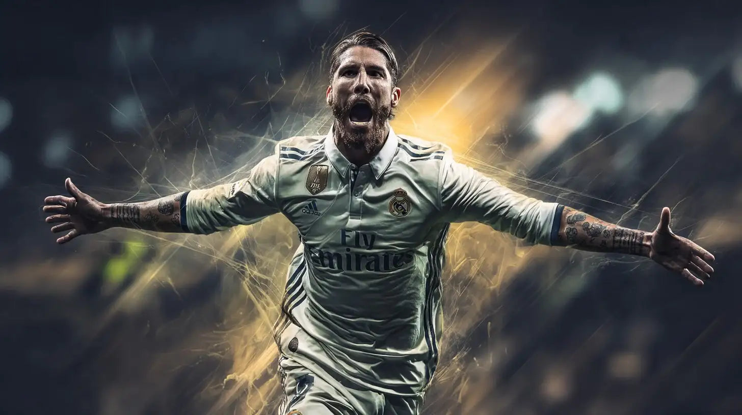 Sergio Ramos celebrating in a white Real Madrid football shirt, leaning back with arms wide as bright red stadium lights illuminate the scene.