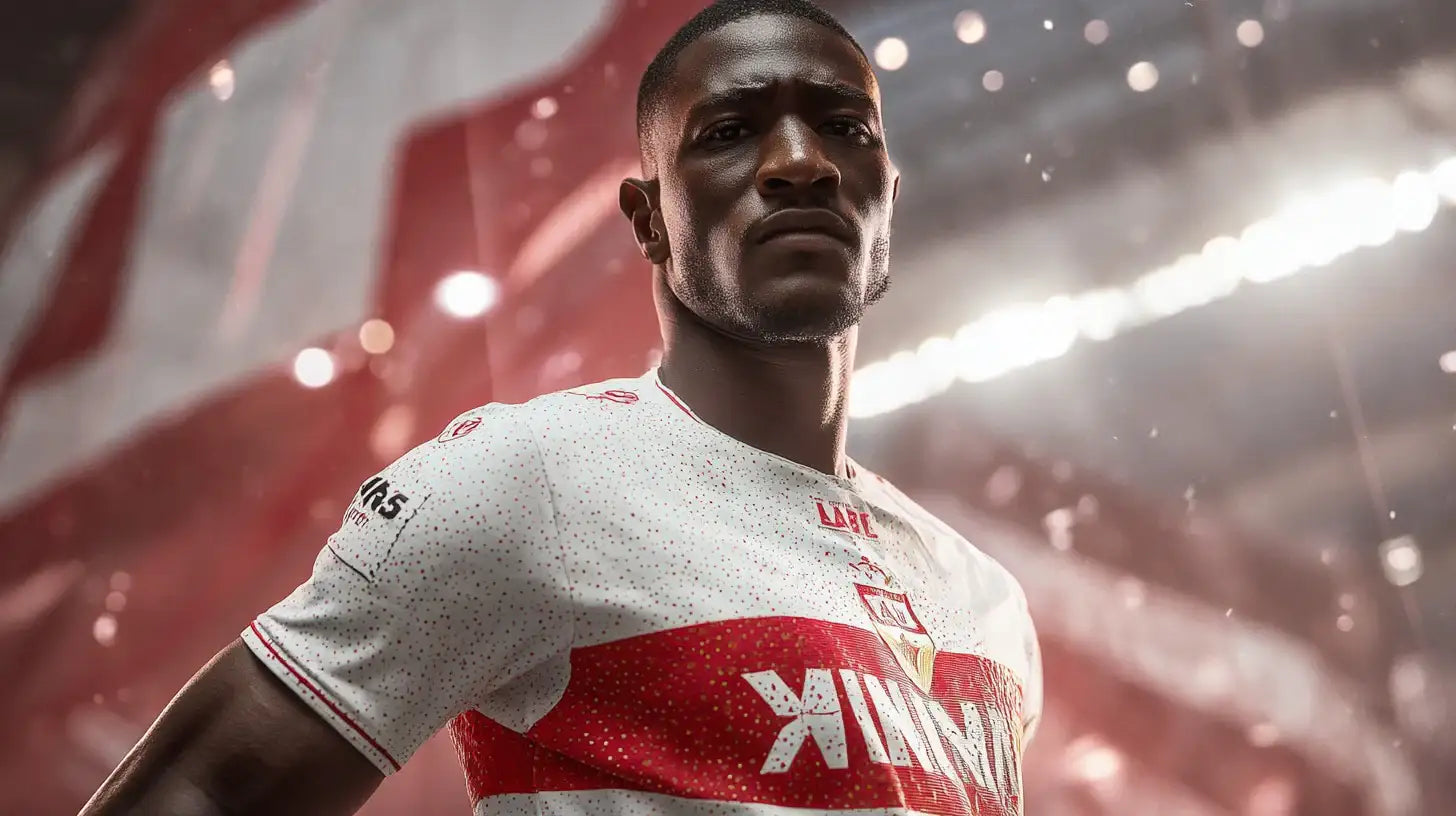 Serhou Guirassy wearing a white VfB Stuttgart football shirt with a bold red band, standing tall under bright stadium lights with a determined expression.