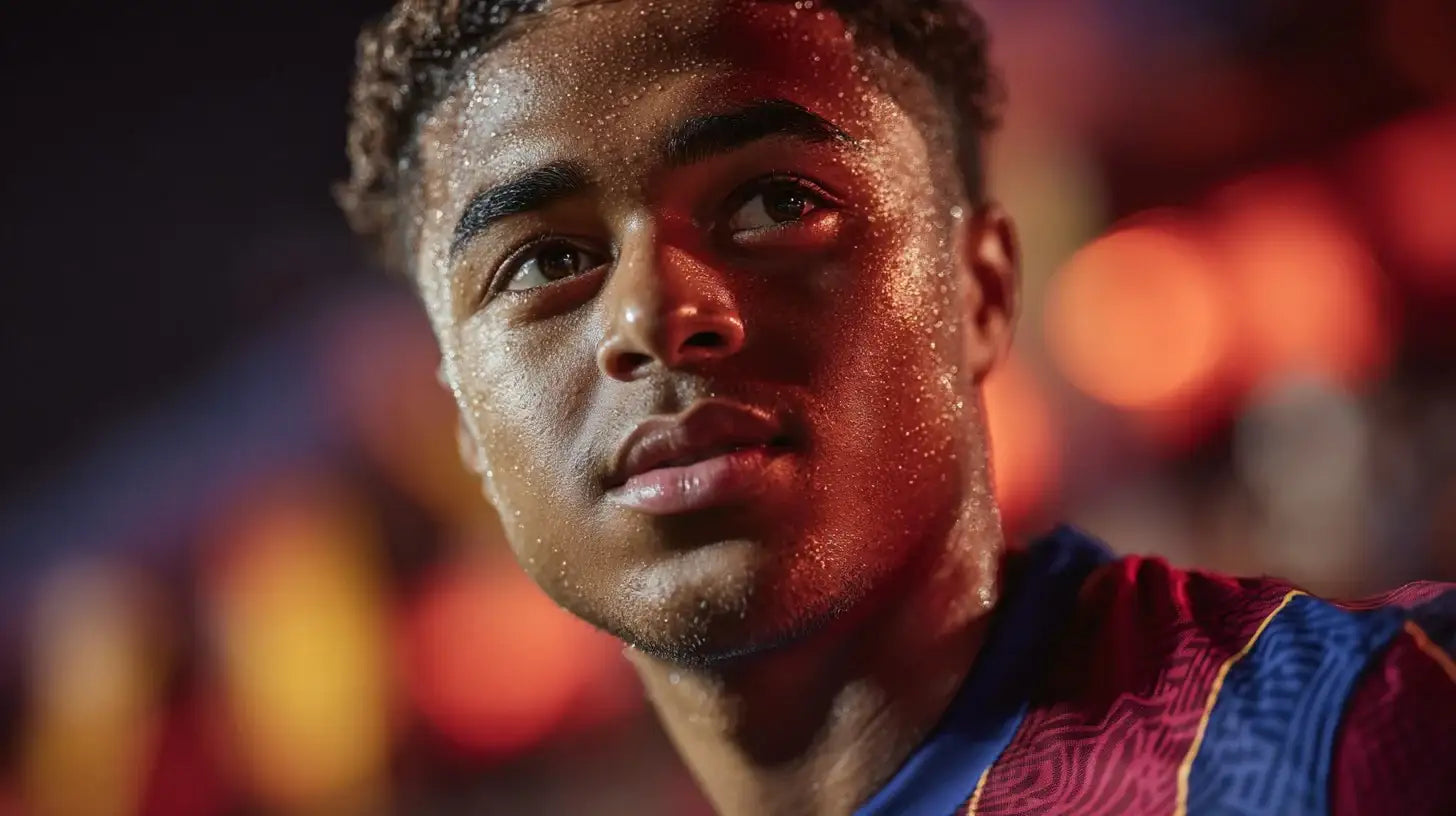 Close up of Shane Kluivert wearing a blue and red FC Barcelona football shirt, his face lit by warm stadium lights and covered in sweat during an intense moment on the pitch.