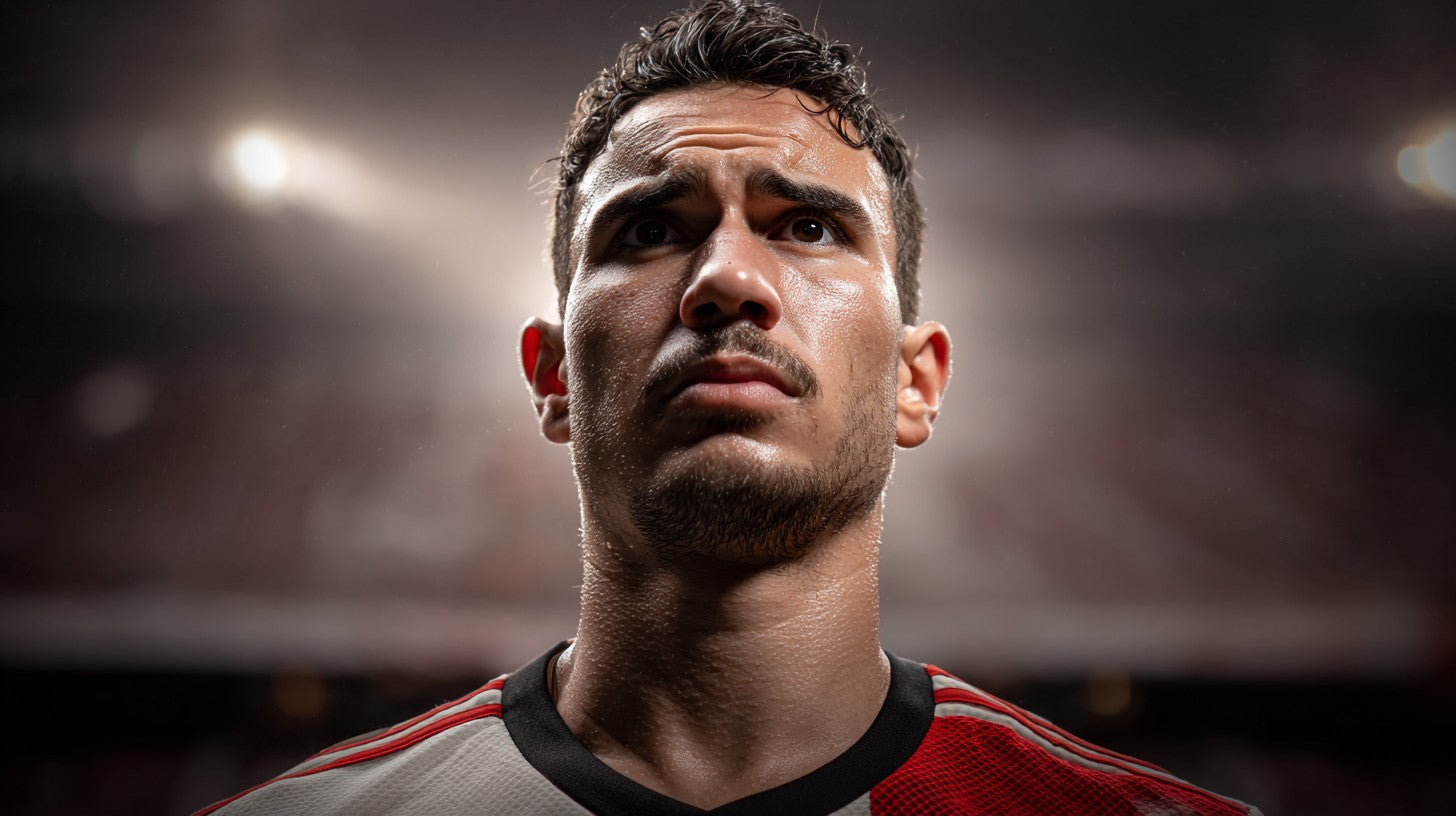 Shaqueel van Persie in Feyenoord red-and-white kit, close-up portrait looking upward under floodlights.