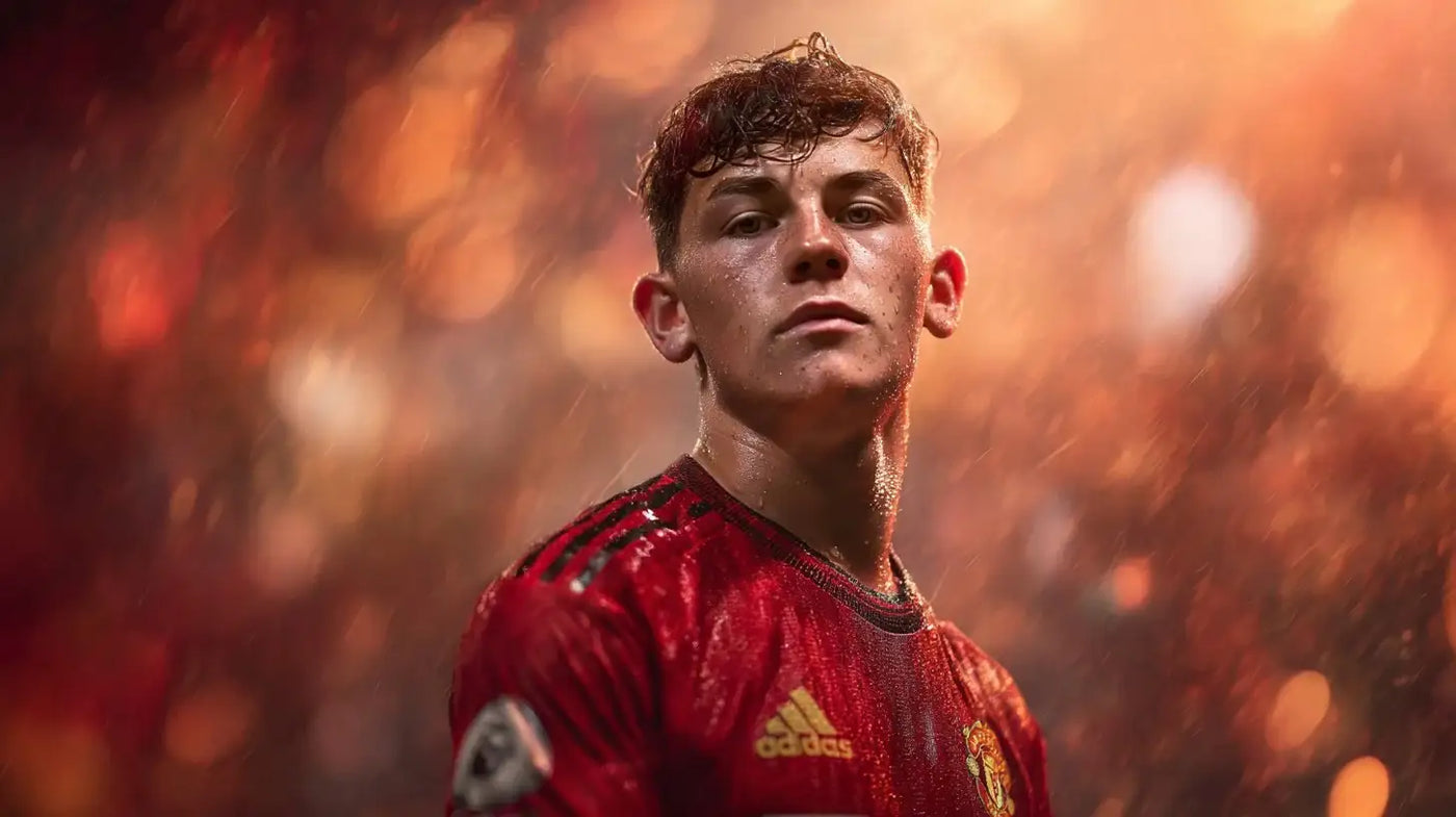 Shea Lacey in a wet red Manchester United shirt, facing the camera in heavy rain with warm stadium lights glowing behind him.