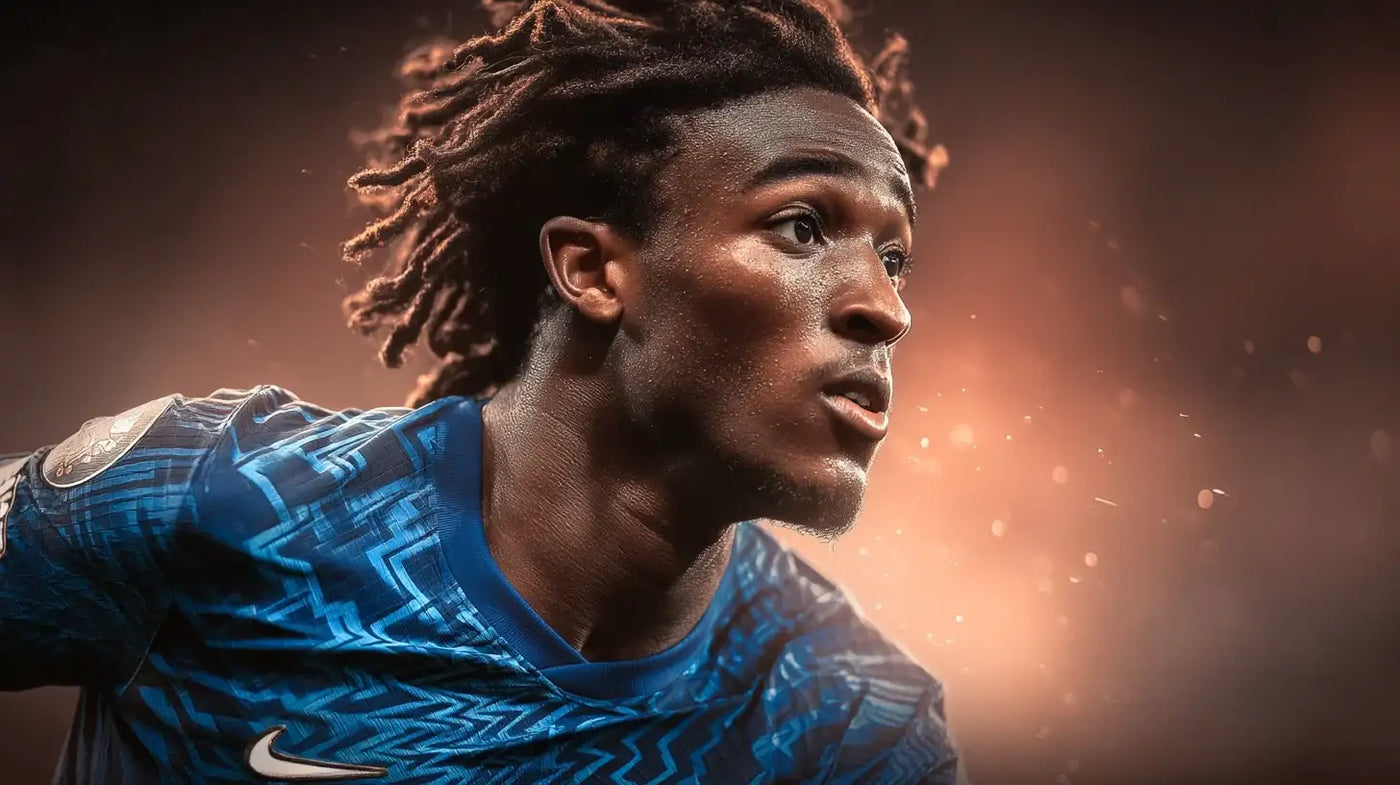 Shim Mheuka sprinting in a vivid blue Chelsea football shirt with a zigzag pattern, focused intensely with warm stadium lights behind him.