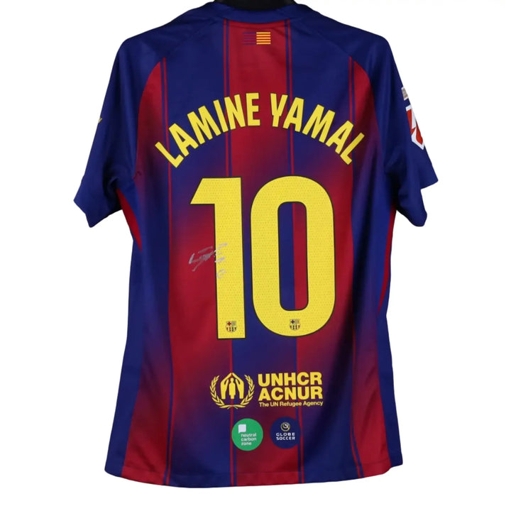 Back view featuring Lamine Yamal, No. 10 and a visible signature.