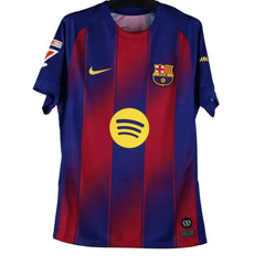 Front view of signed Lamine Yamal 10 Barcelona football shirt featuring yellow Spotify logo and club crest.