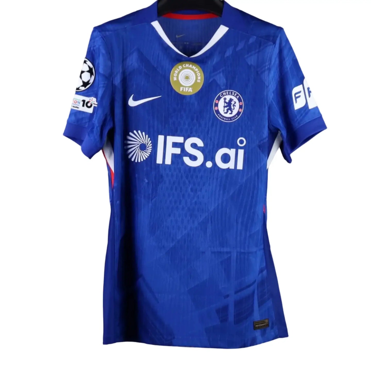 Front view of blue Chelsea football shirt featuring FIFA World Champions badge and IFS.ai sponsor logo.