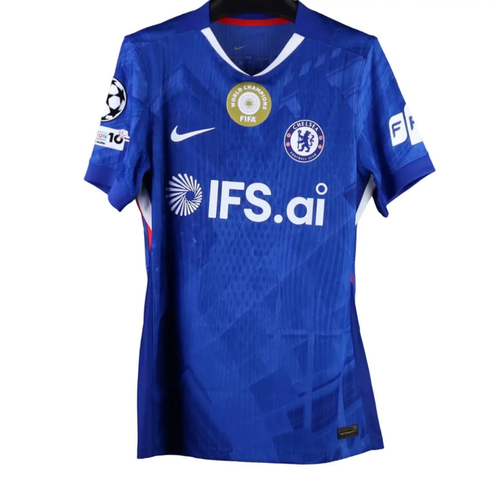 Front view of blue Chelsea football shirt featuring FIFA World Champions badge and IFS.ai sponsor logo.
