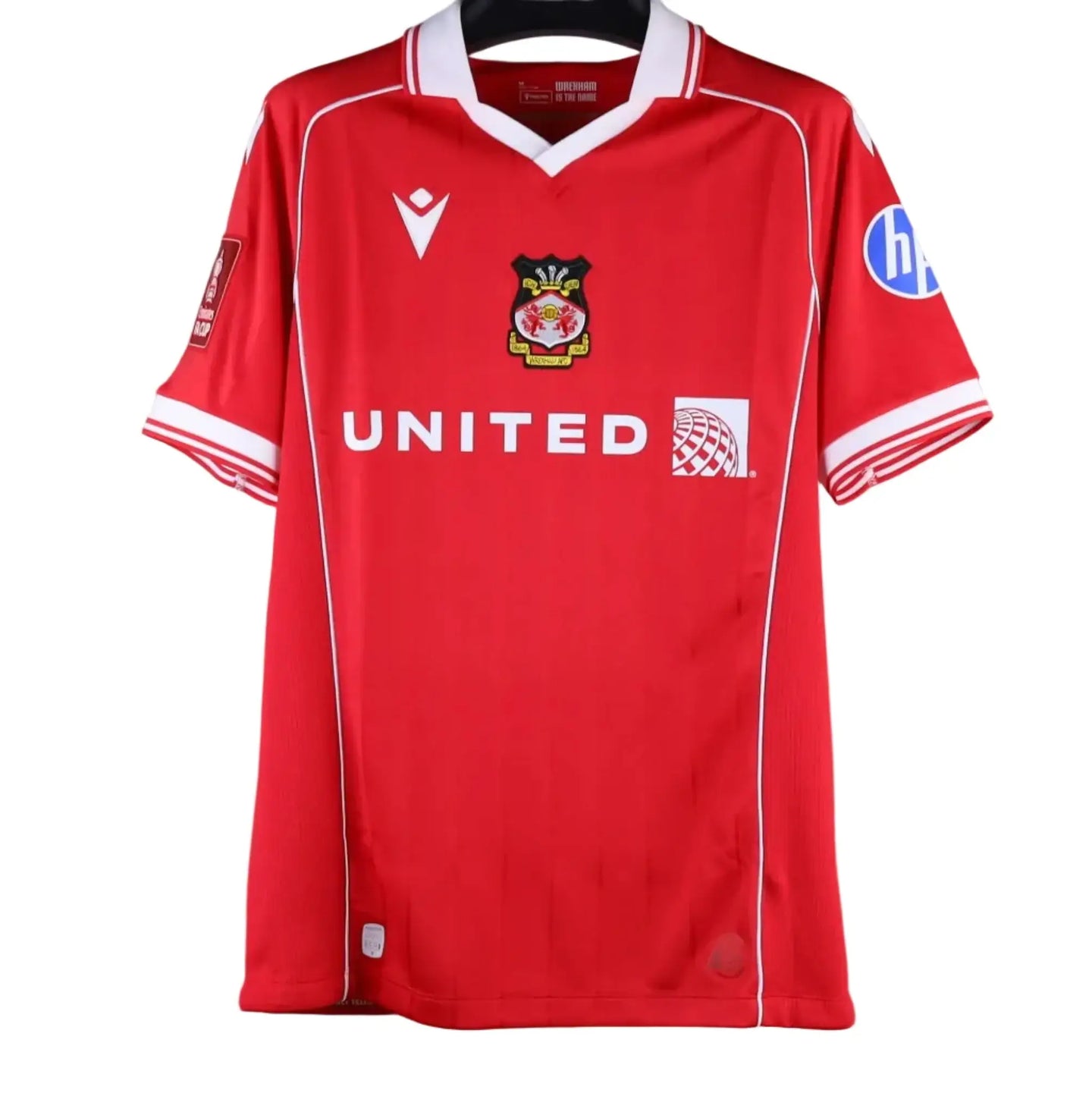 Front view of a red signed football shirt featuring the Wrexham A.F.C. crest and 'UNITED' text.