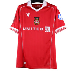 Front view of a red signed football shirt featuring the Wrexham A.F.C. crest and 'UNITED' text.