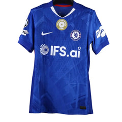 Front view of a signed Chelsea football shirt featuring the IFS.ai sponsor and FIFA World Champions badge.