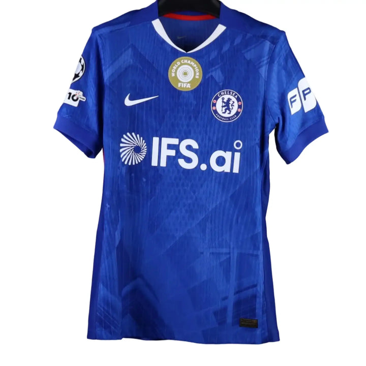 Front view of a signed Chelsea football shirt featuring the IFS.ai sponsor and FIFA World Champions badge.