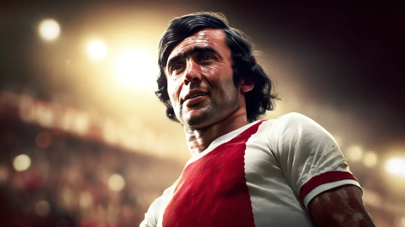 Sjaak Swart wearing a classic white Ajax football shirt with a bold red central stripe, smiling under bright stadium lights.