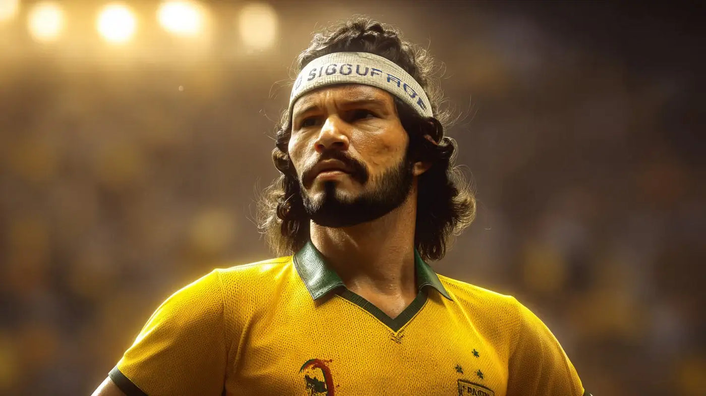 Socrates in a yellow Brazil football shirt with green collar and a white hairband, standing under warm stadium floodlights.