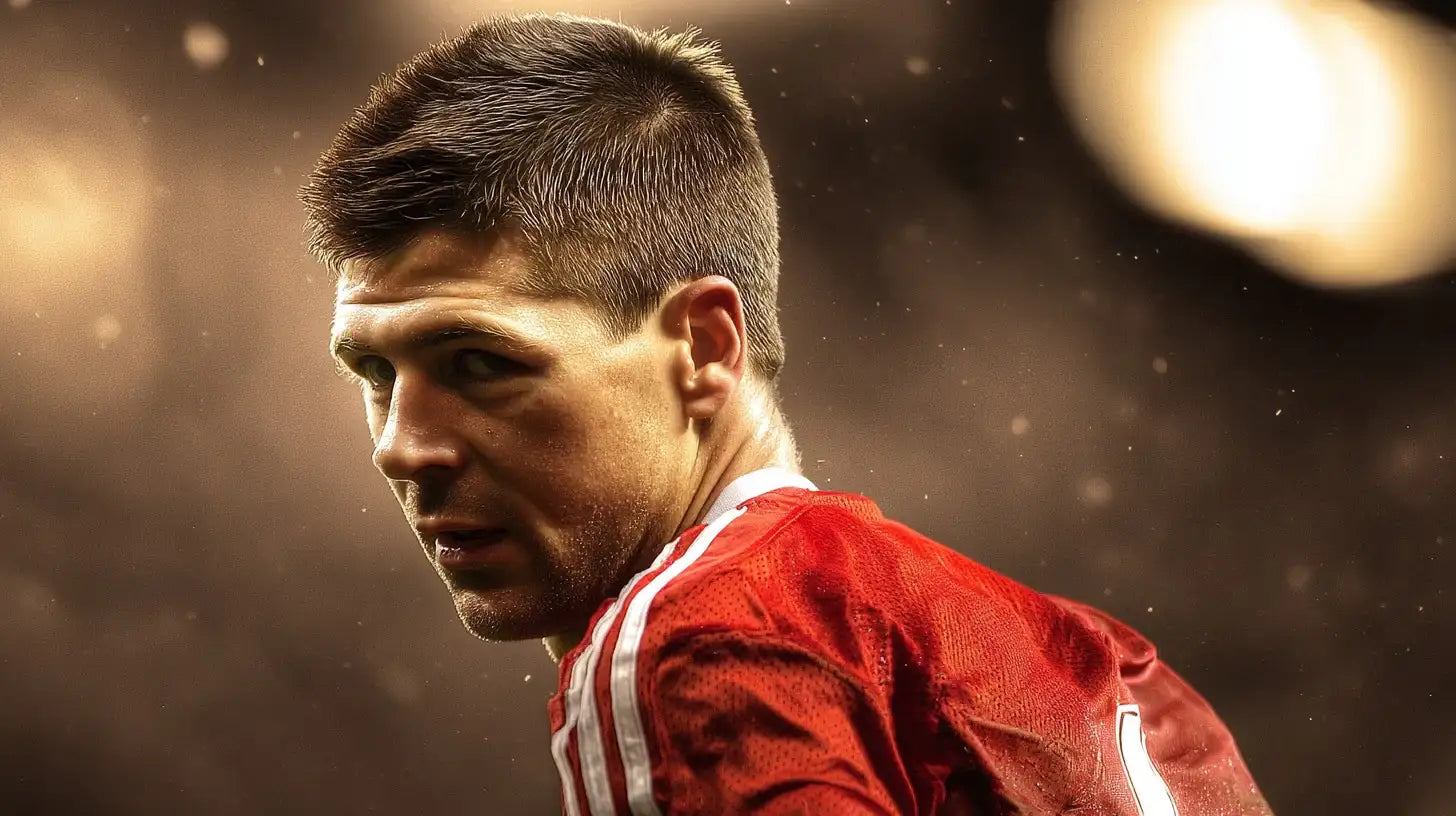 Steven Gerrard in a red Liverpool football shirt with white stripes on the shoulders, glancing back intensely under golden stadium lights.