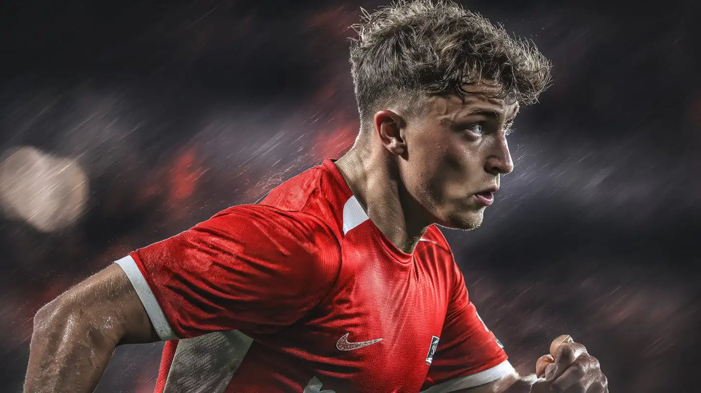 Sven Mijnans sprinting in a red AZ football shirt with white trim, his face focused as rain streaks across a dark stadium background.