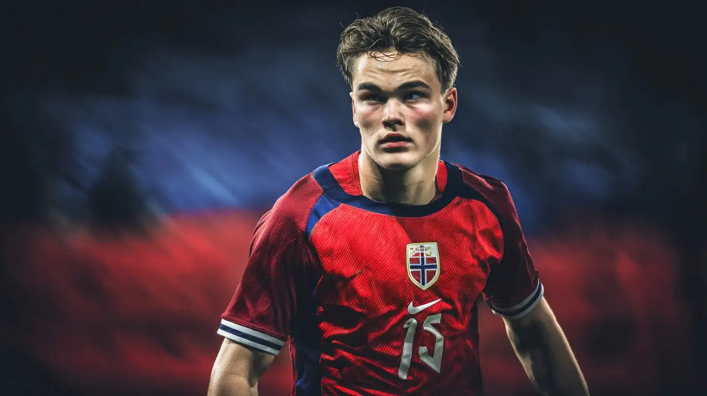 Sverre Nypan in a red Norway national team football shirt with blue accents and crest, standing alert with a blurred Norwegian flag backdrop.