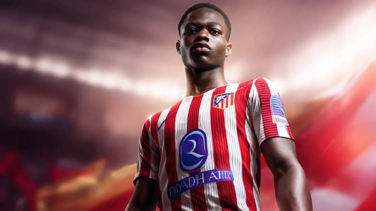 Taufik Seidu wearing a red and white striped Atlético Madrid football shirt, viewed from a low angle as he stands confidently under bright pink-tinted stadium lights.