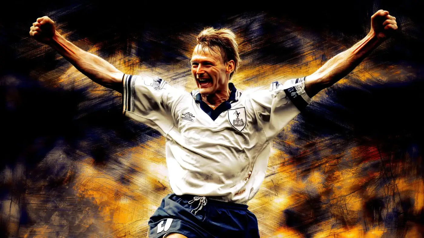 Teddy Sheringham in a white Tottenham Hotspur home shirt throws both arms wide in celebration against a dark, abstract stadium background.