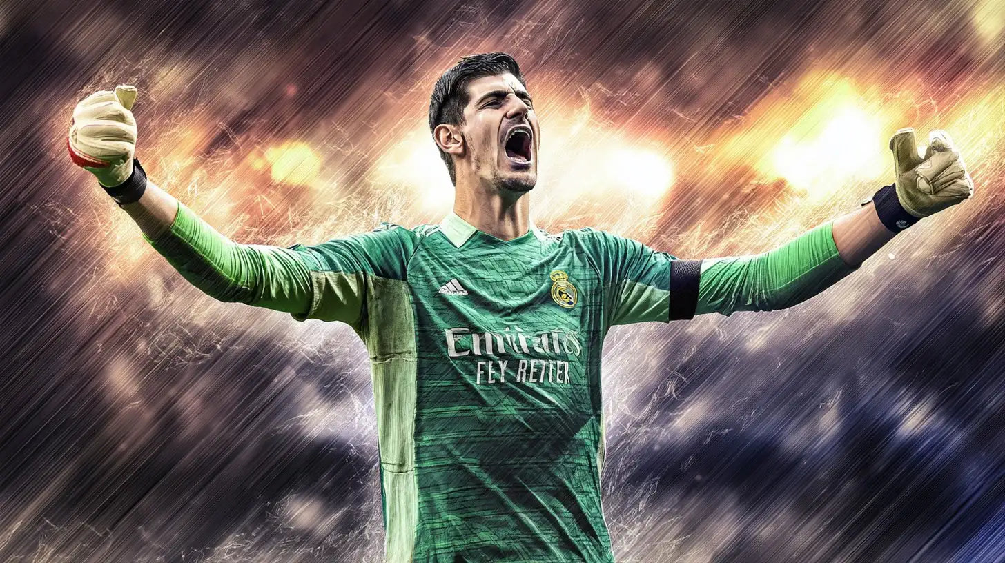 Thibaut Courtois celebrating in a green Real Madrid goalkeeper shirt with his arms raised and white gloves clenched, against a dramatic glowing stadium background.