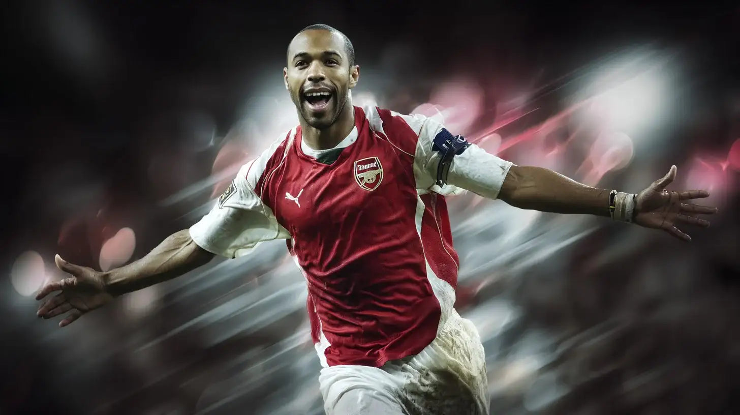 Thierry Henry celebrating with arms wide in a classic red and white Arsenal football shirt, running in front of blurred red stadium lights.