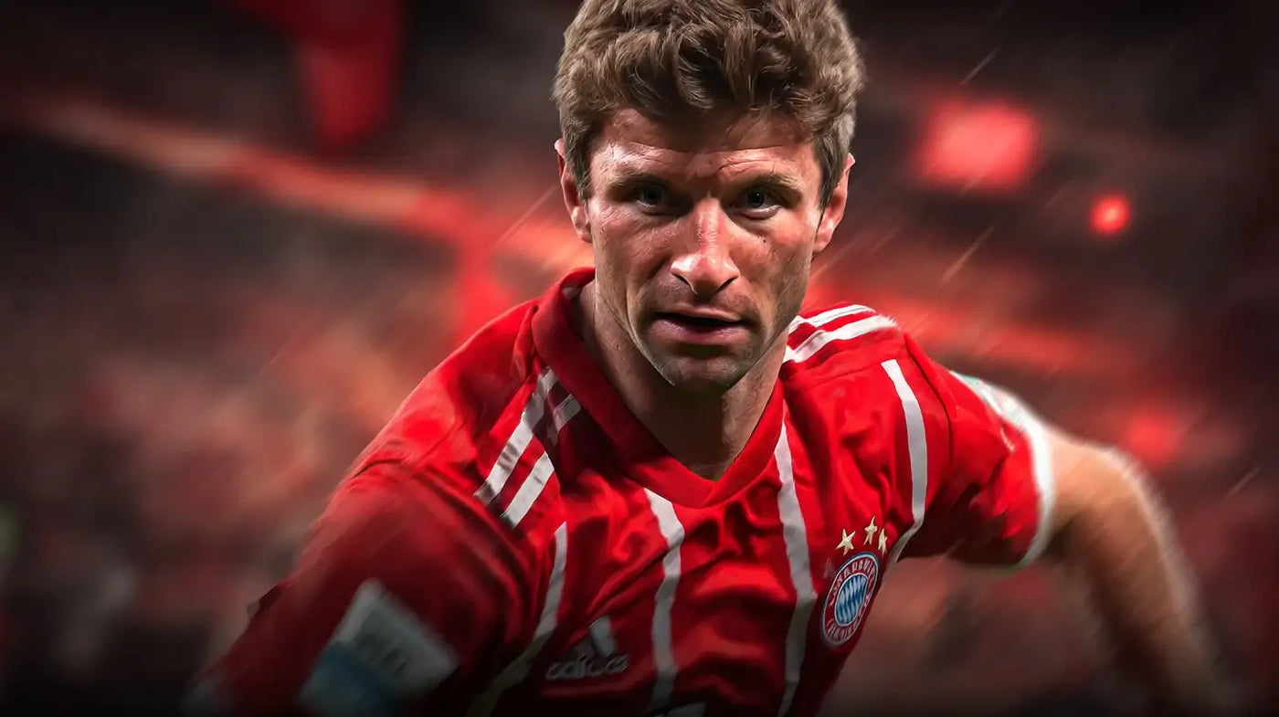 Thomas Müller in a red Bayern München football shirt with white stripes, staring intensely ahead with a glowing red stadium behind him.