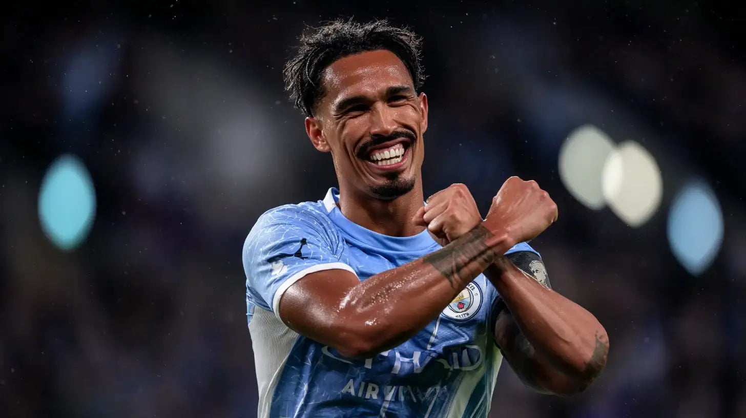 Tijjani Reijnders smiling in a light blue Manchester City football shirt, crossing his forearms in celebration under dark night-time stadium lights.