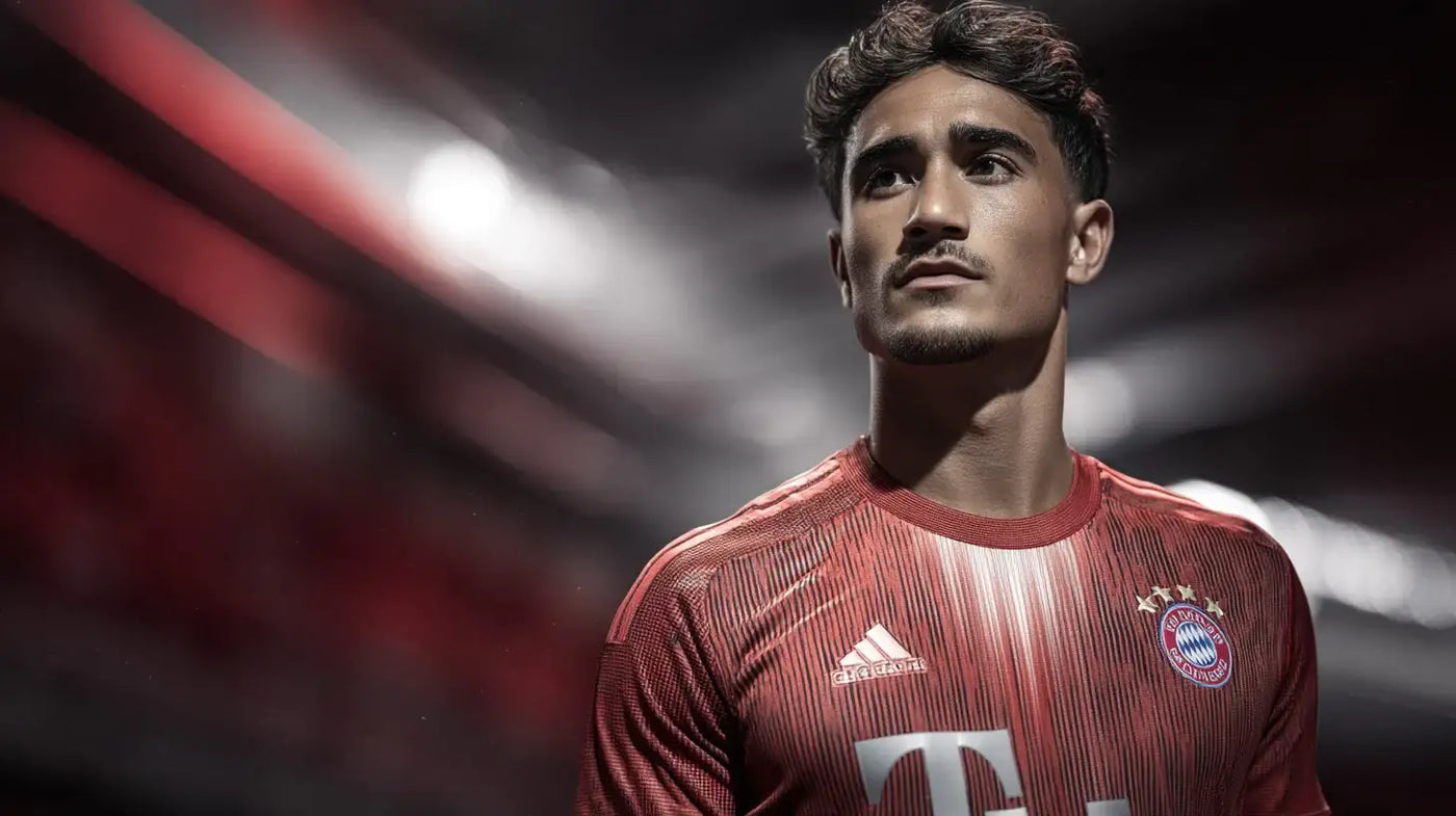 Tom Bischof wearing a red Bayern München football shirt with subtle vertical striping, looking upwards with focused expression in a dimly lit stadium.