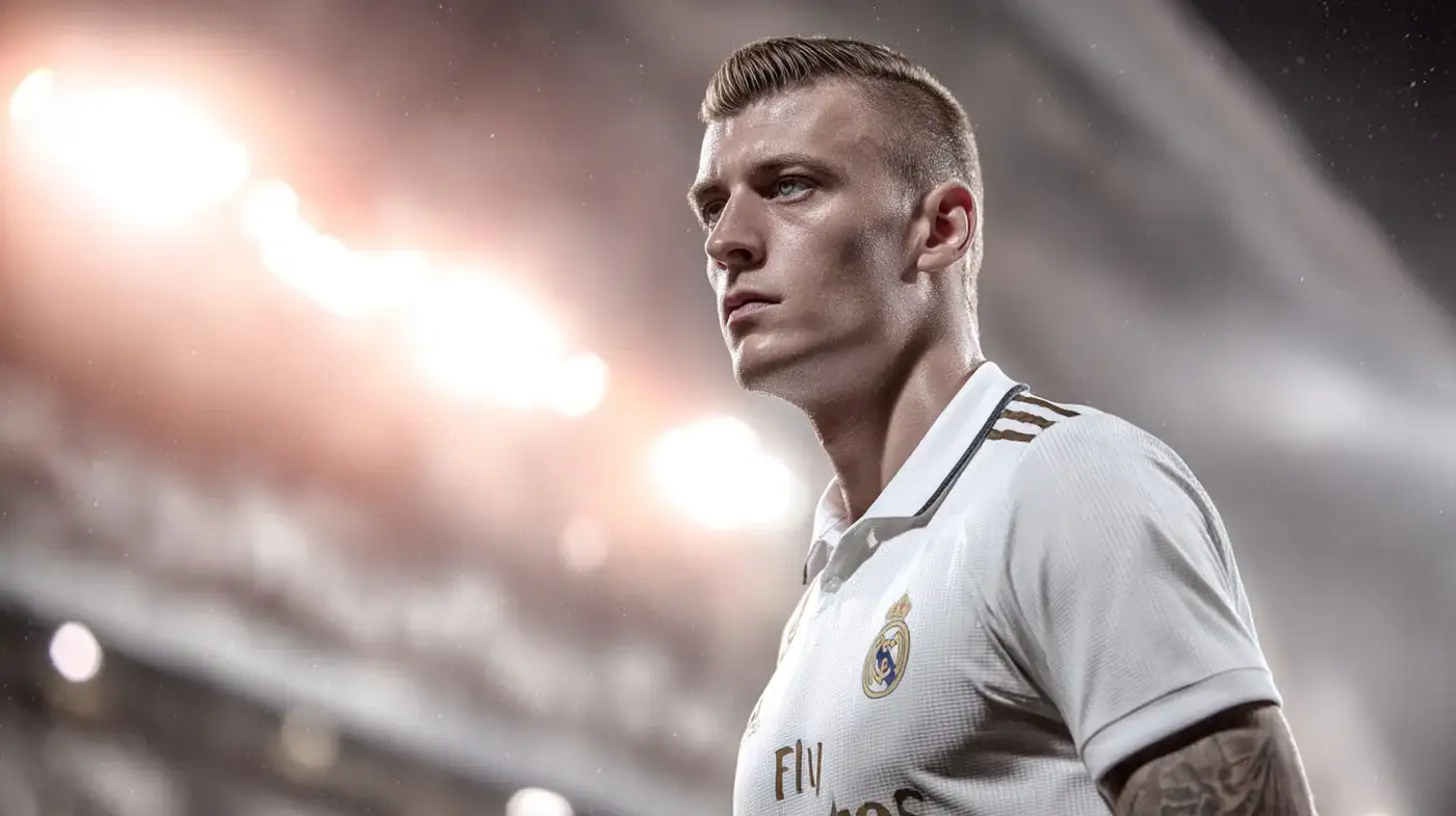 Toni Kroos wearing a white Real Madrid football shirt with gold shoulder stripes, focused portrait under stadium lights.
